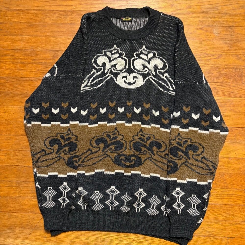 Vintage Richardson Ecuador Knit Sweater Mens XL Black Brown Tribal